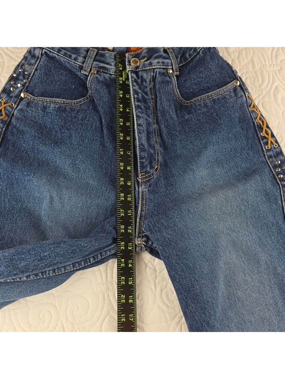 Vintage 90s Lawman Western Bareback Jeans 7/8 Studded Lace Up Sides Cowgirl - Picture 8 of 9